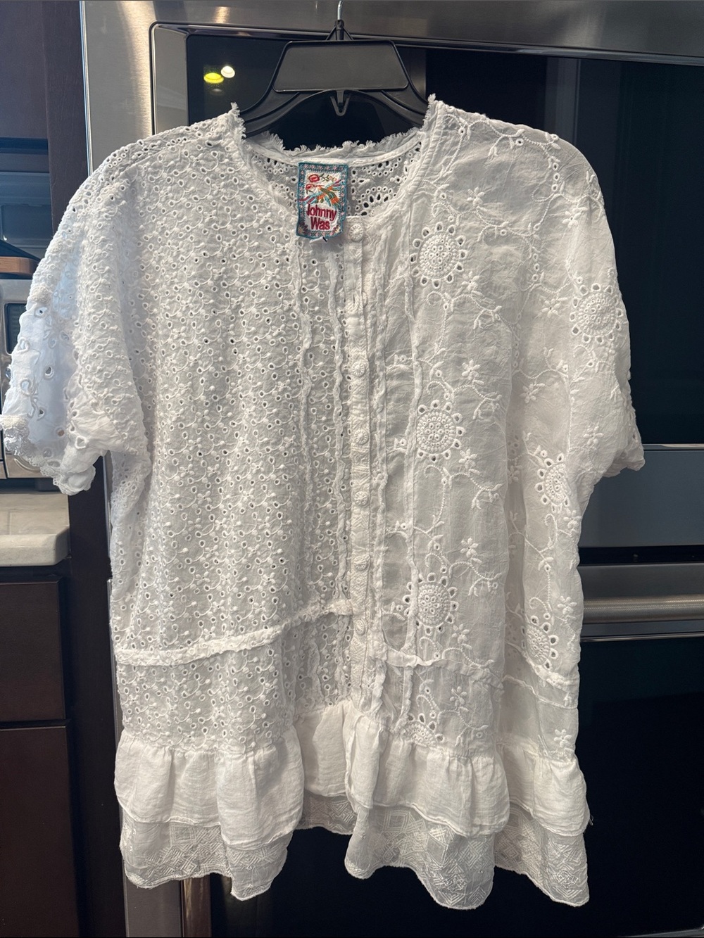 Johnny Was White Eyelet Embroidered Linen-Blend Ruffle Hem Top